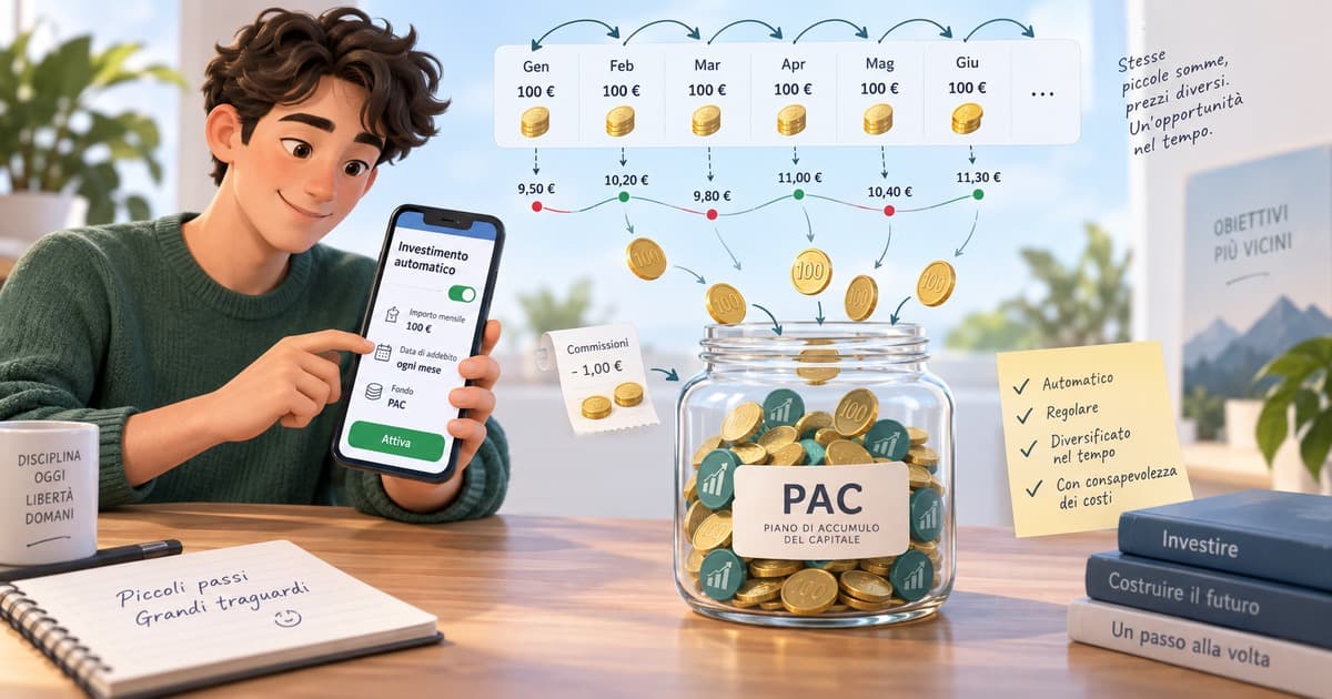 Un ragazzo al tavolo mostra sul telefono un investimento automatico da 100 euro al mese, con la voce «Fondo PAC» e il pulsante Attiva. Sopra, sei riquadri da gennaio a giugno con 100 euro ciascuno, e sotto i prezzi di acquisto che cambiano ogni mese: 9,50, 10,20, 9,80, 11,00, 10,40 e 11,30 euro. Le monete cadono dentro un barattolo di vetro etichettato PAC, piano di accumulo del capitale, accanto a uno scontrino «Commissioni −1,00 €» e a un elenco spuntato: automatico, regolare, diversificato nel tempo, con consapevolezza dei costi