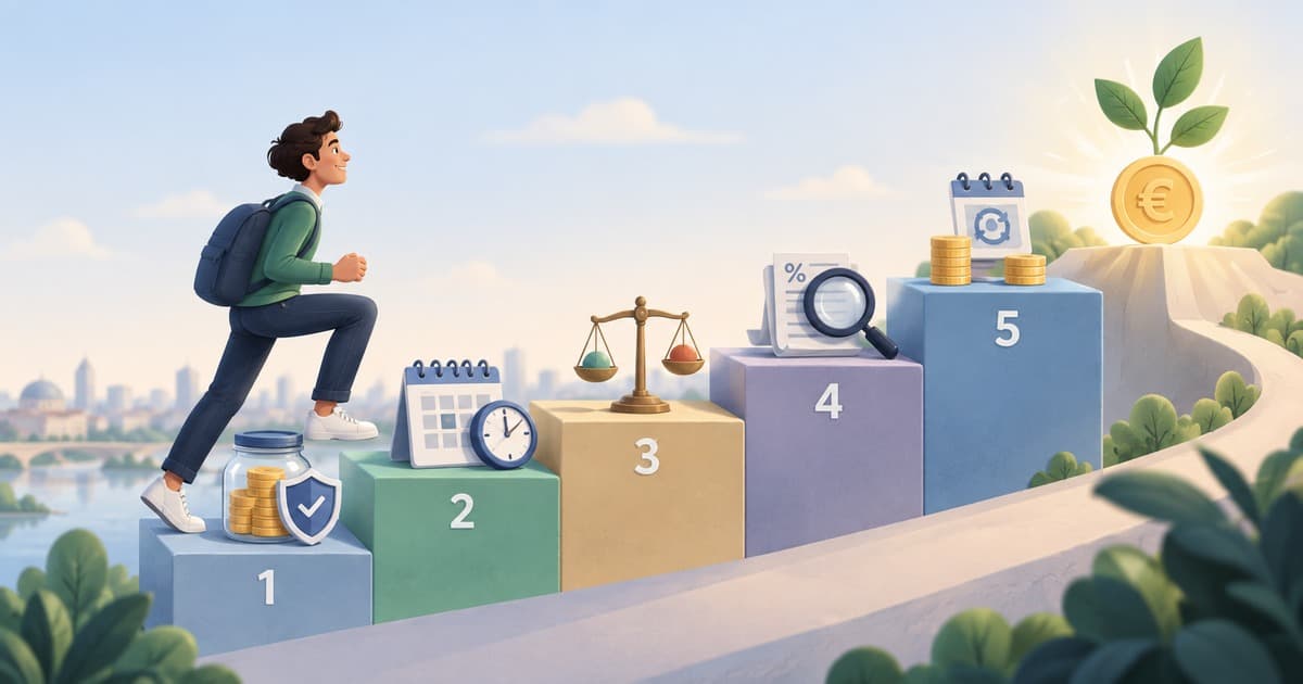 Un ragazzo con lo zaino sale cinque blocchi numerati. Sul primo un barattolo di monete con uno scudo, sul secondo un calendario e una sveglia, sul terzo una bilancia, sul quarto un documento con una percentuale e una lente di ingrandimento, sul quinto pile di monete e un calendario con il simbolo della ricorrenza. In cima alla salita, una moneta con il simbolo dell'euro da cui spunta una pianticella