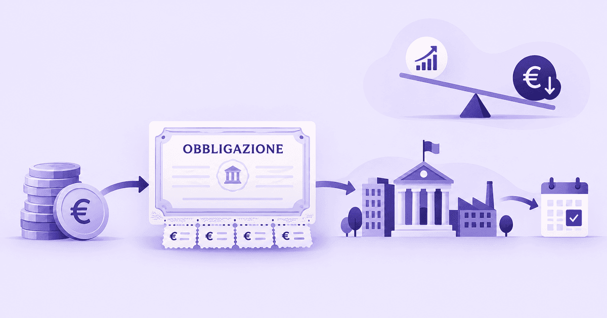 Una sequenza da sinistra a destra. Una pila di monete con il simbolo dell'euro, poi una freccia verso un certificato intitolato OBBLIGAZIONE, da cui pendono quattro tagliandi staccabili con il simbolo dell'euro, cioè le cedole. Una seconda freccia porta a tre edifici — un palazzo, un edificio istituzionale con le colonne e una fabbrica — cioè i possibili emittenti, e una terza a un calendario con una data spuntata, la scadenza. In alto, staccata, un'altalena a bilico: da un lato un grafico che sale, dall'altro una moneta con una freccia verso il basso