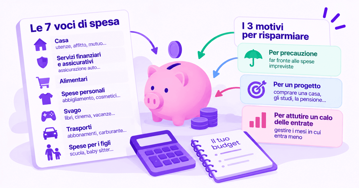 Illustrazione: a sinistra un elenco intitolato «Le 7 voci di spesa» — casa, servizi finanziari e assicurativi, alimentari, spese personali, svago, trasporti, spese per i figli — a destra tre schede intitolate «I 3 motivi per risparmiare»: per precauzione, per un progetto, per attutire un calo delle entrate. Al centro un salvadanaio, una calcolatrice e un quaderno con scritto «Il tuo budget». Nessuna percentuale