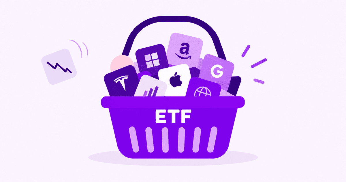 Un cesto della spesa viola pieno di tessere con i loghi di grandi aziende quotate — Amazon, Apple, Microsoft, Tesla, Google — più una tessera con un grafico a barre e una con un mappamondo. Sul cesto, a caratteri grandi, la sigla ETF. A sinistra, fuori dal cesto, una tessera isolata con una linea che scende