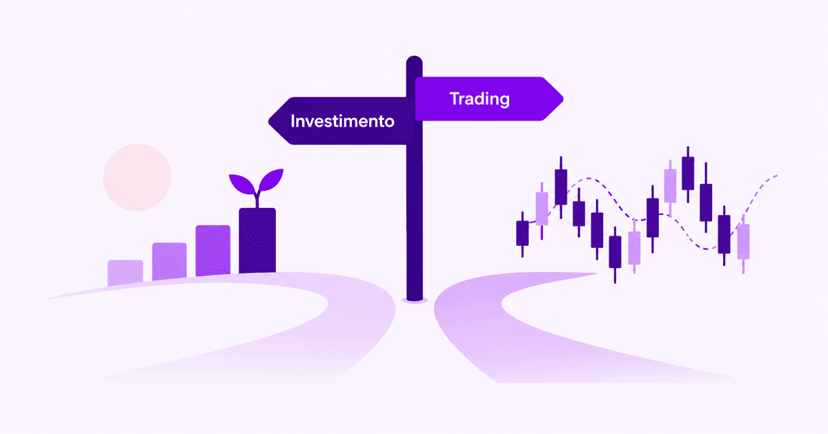 Un cartello stradale a un bivio. Il braccio di sinistra, viola scuro, indica «Investimento» e porta verso una fila di quattro barre crescenti da cui spunta una pianticella; quello di destra, viola acceso, indica «Trading» e porta verso un grafico a candele fitto, con una linea tratteggiata che sale e scende. Le due strade partono dallo stesso punto e vanno in direzioni opposte