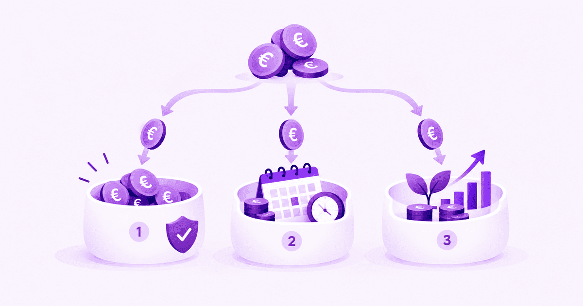 Illustrazione: un mucchio di monete in euro si divide in tre flussi che scendono dentro tre contenitori numerati. Nel primo le monete restano liquide accanto a uno scudo, nel secondo stanno insieme a un calendario e a un orologio, nel terzo a una pianta che cresce e a un grafico in salita